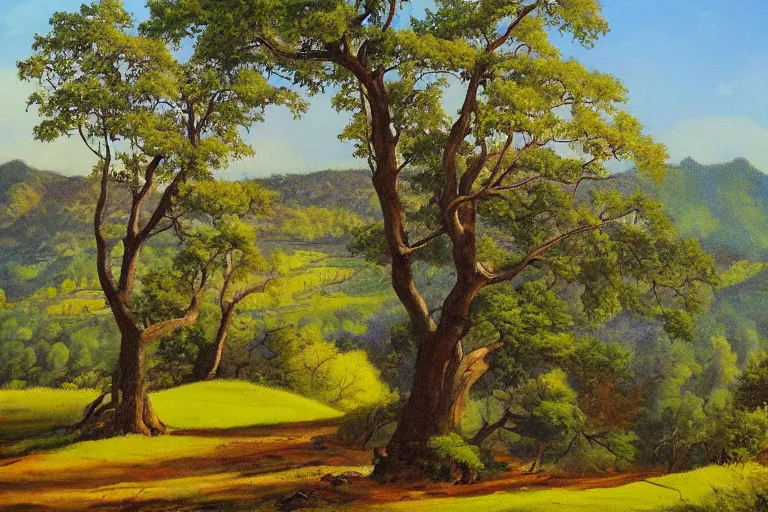 Image similar to masterpiece painting of oak trees on a hillside overlooking a creek, by marion wachtel