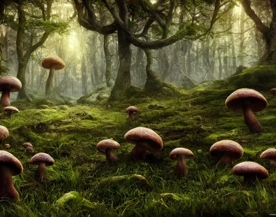 Image similar to eldritch mushrooms in forest, realistic, beautiful texture, beautiful graphics, fantasy artwork, very beautiful scenery, hd, hdr, ue 5, ue 6, unreal engine 5, cinematic 4 k wallpaper, 8 k, ultra detailed