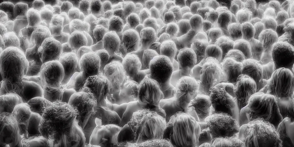 Image similar to love, groups of people in infrared heat, from behind, rebirth, wide angle, cinematic atmosphere, elaborate, highly detailed, infrared heat colors