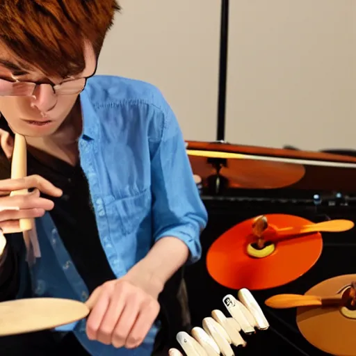 Image similar to anime of jacob collier playing saturn rings with drum sticks