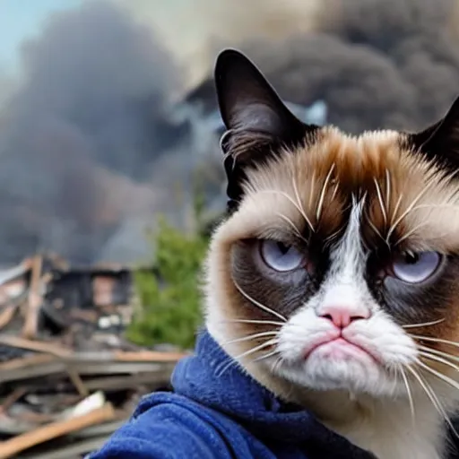 Prompt: <photo hd attention-grabbing>grumpy cat looks into the camera knowingly as a house burns in the background - inspired by disaster girl</photo>