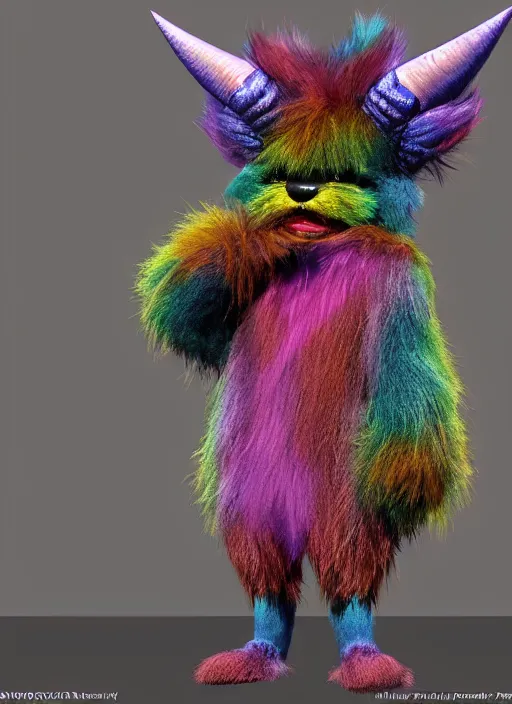 Prompt: full body 3 d model of a vibrant rainbow colored grumpy furry monster with fuzzy horns, a 3 d render by wendy froud, designed by jim henson, dark rainbow colored fur, zbrush central contest winner, furry art, rendered in maya, vibrant, colorful, rendered in cinema 4 d, behance hd, daz 3 d, cgsociety, matte background