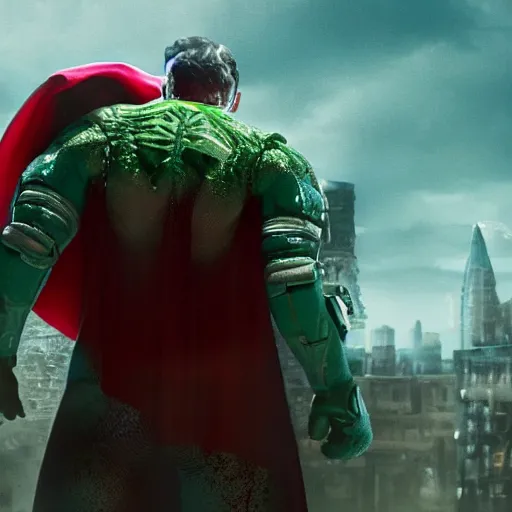 Prompt: pickle rick as superman! flying in ( gears of war ), splash art, movie still, detailed face, photo realistic facial features, cinematic lighting, dramatic, octane render, long lens, shallow depth of field, bokeh, anamorphic lens flare, ( 8 k ), hyper detailed, 3 5 mm film grain