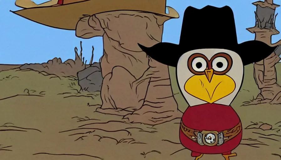 Image similar to 1990s cartoon show screenshot about a gunslinging owl from the wild west, wearing a cowboy hat an eye mask, standing in an old west town the animated show