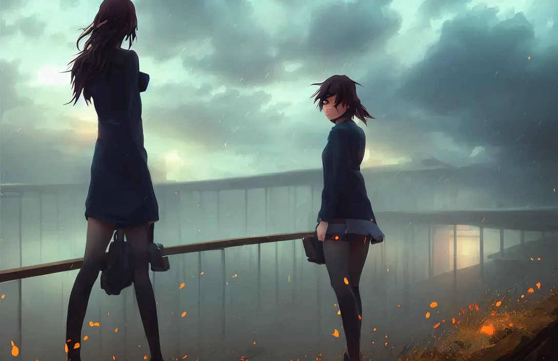 Image similar to a beautiful british woman with short brown hair, serious, somber amber eyes, standing on a bridge, storm in the distance, basic clothing, digital art by makoto shinkai ilya kuvshinov and wojtek fus, digital art, concept art,