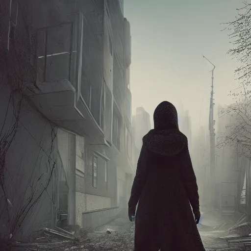 Prompt: Hooded woman walking through Rotterdam in a post-apocalyptic setting, overgrown, hyperdetailed, artstation, cgsociety, 8k