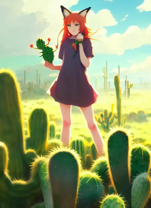 Image similar to portrait of cute redhead girl with fox ears, holding a cactus, cloudy sky background lush landscape illustration concept art anime key visual trending pixiv fanbox by wlop and greg rutkowski and makoto shinkai and studio ghibli