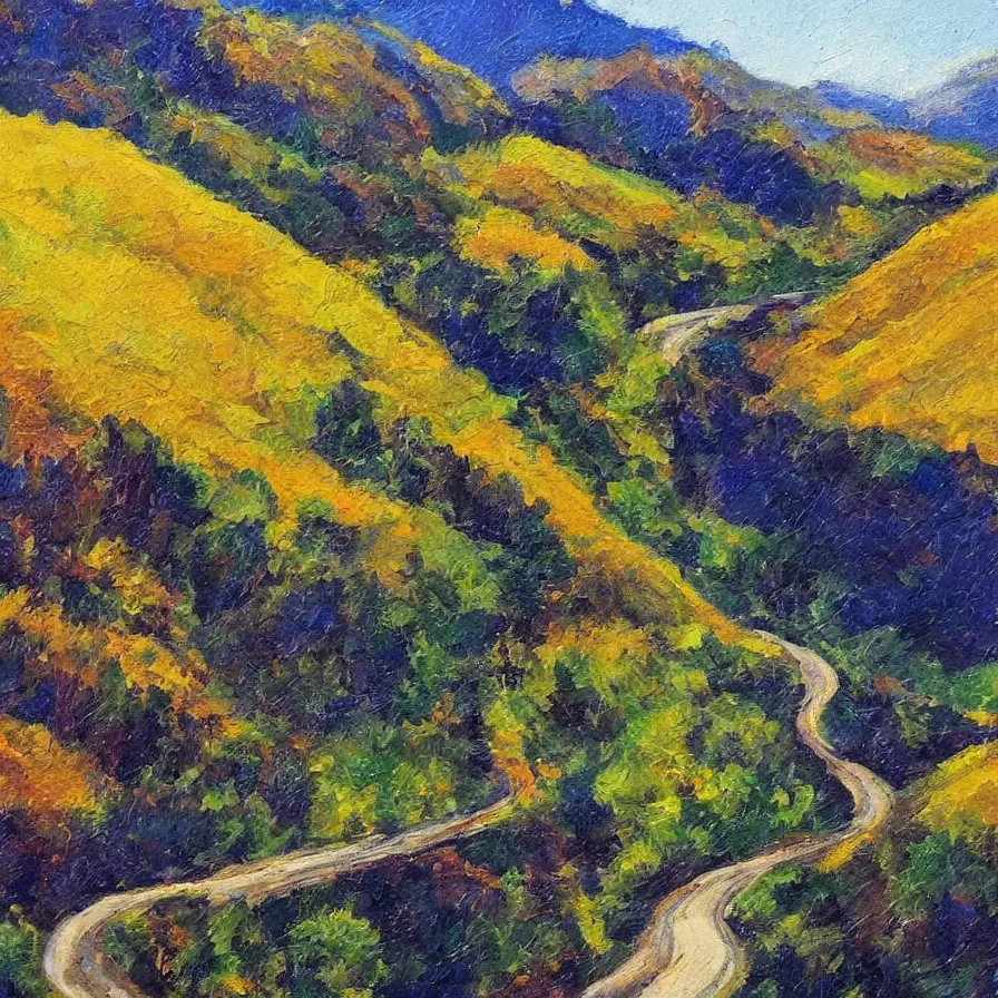Prompt: an artwork about a road going down a beautiful valley