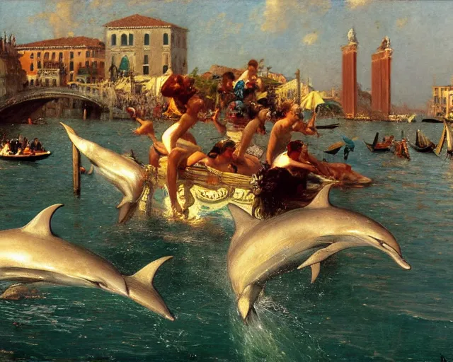 Image similar to dolphins swimming and jumping in venice, painting by gaston bussiere, craig mullins, j. c. leyendecker