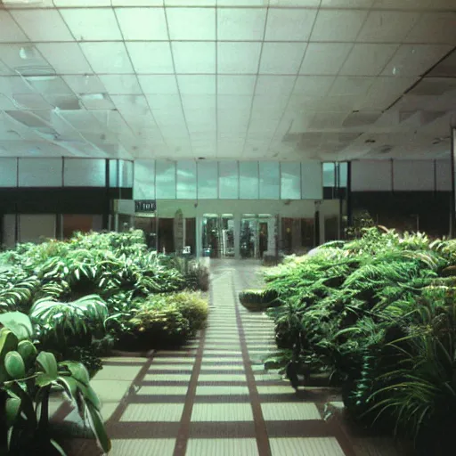 Image similar to Beautiful cameraphone 2000s, soft liminal Photograph of foggy mall with water on the floor plants growing