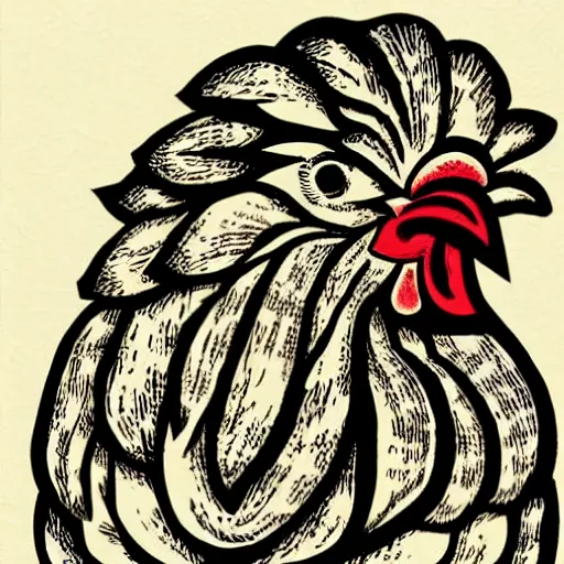 Prompt: a wood block print of a beautiful a Chicken by Sergio Santamaría and Vladimir Zimakov.