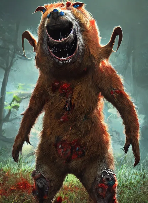 Prompt: detailed full body concept art illustration oil painting of an anthropomorphic capybara zombie in full intricate clothing, biomutant, dystopian, ultra detailed, digital art, octane render