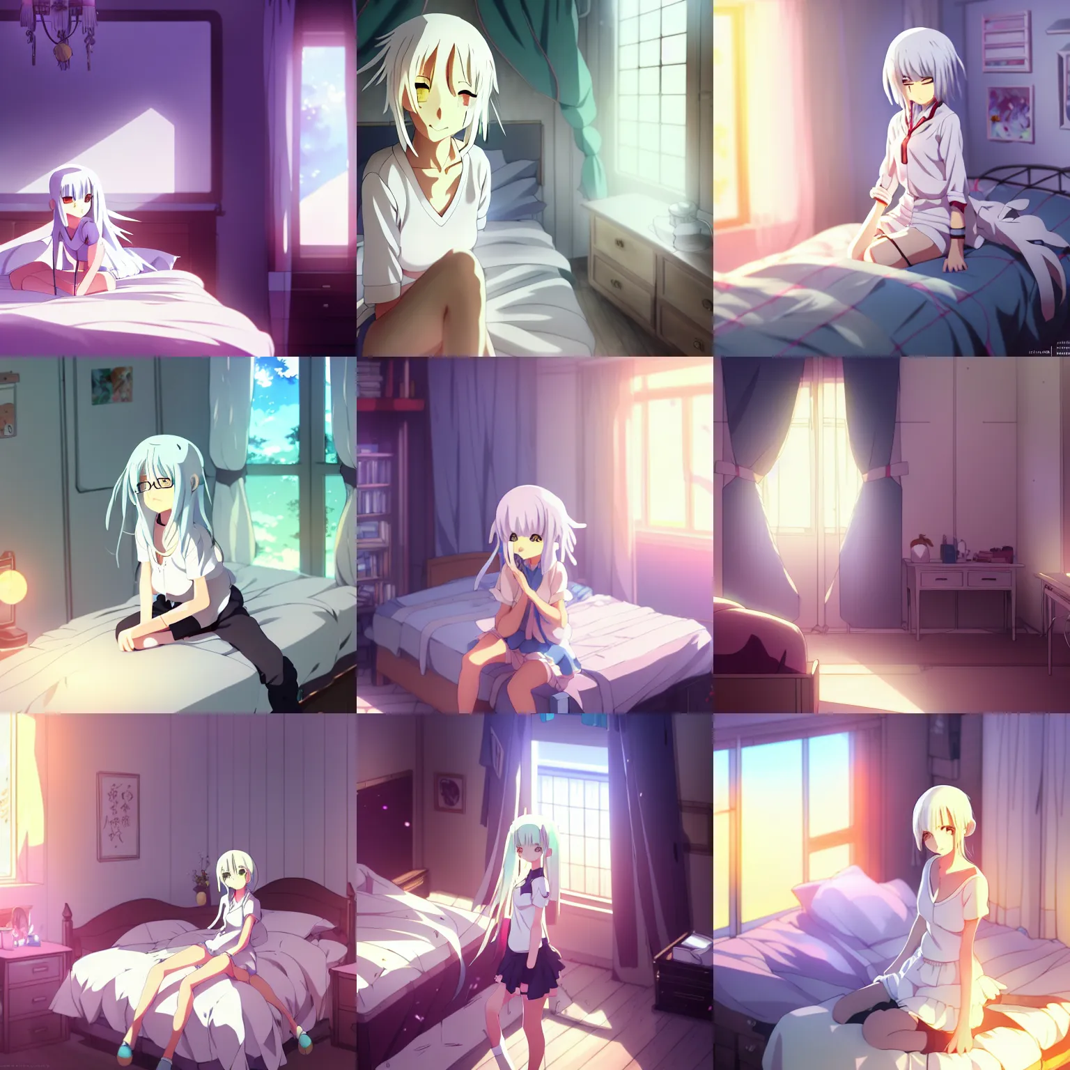Prompt: high quality anime visual of a cute girl with white hair in her room interior, by makoto shinkai, crunchyroll, pixiv, danbooru, hd, detailed, cel shaded, digital art, lighting