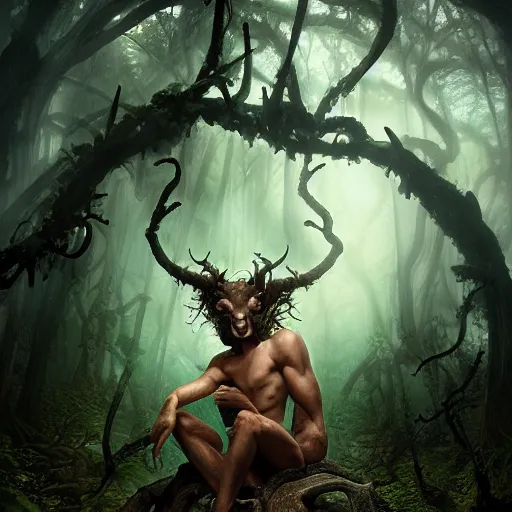 Prompt: a satyr sitting on a throne in an ominous forest by bastien lecouffe - deharme, ken kelly, artgerm and karol bak, unreal engine, dynamic lighting, fog, glowing eyes, illustration, vines, thorns, god rays, mysterious