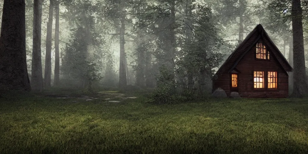 Image similar to a cottage in the woods and empty woods, fantasy, hyper realistic, dramatic lighting, 8k