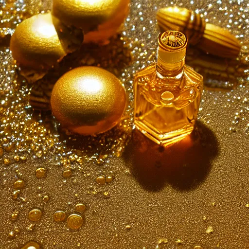 Image similar to perfume bottle lying in a golden puddle of rich honey, honeycomb, and gold lillies, path traced, environment, up close shot, zen white minimalist background