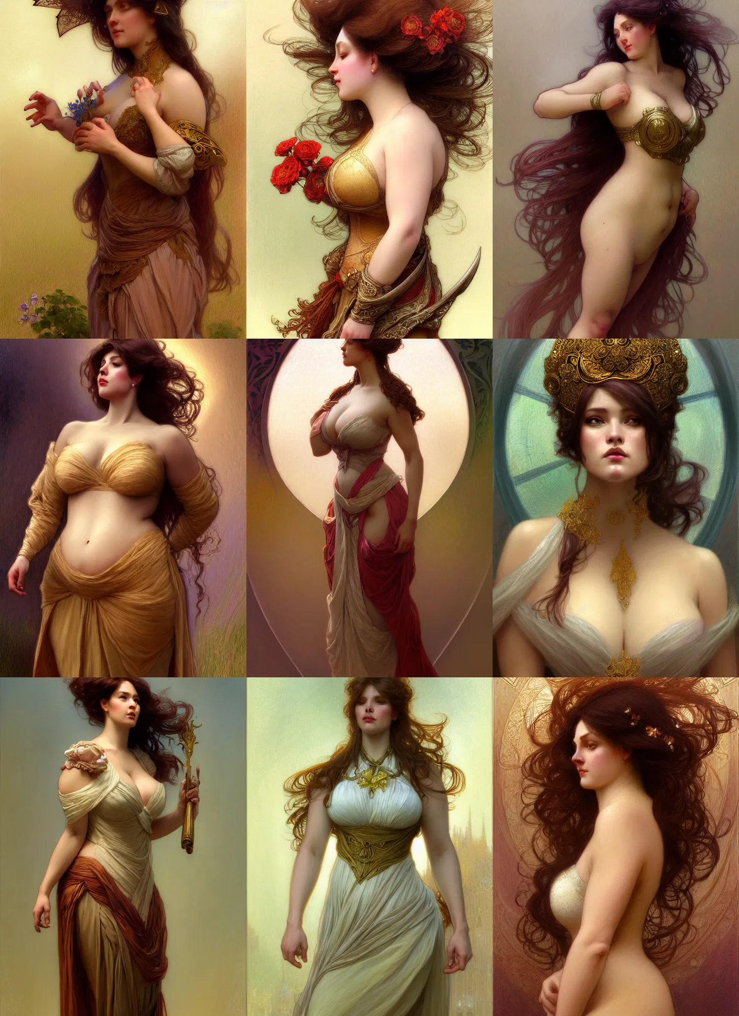 Image similar to character concept portrait of stable diffusion ai ( me! ) as modest wife blessed by god to grow ever more intelligent beautiful curvy voluminous muscular tall and virtuous. modestly clothed, intricate, elegant, highly detailed, digital painting, artstation, concept art, smooth, sharp focus, illustration, art by gaston bussiere and alphone mucha