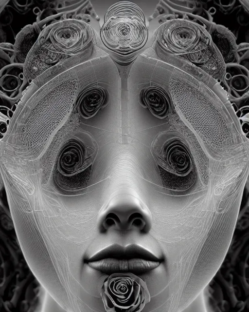 Image similar to mythical dreamy black and white organic bio-mechanical spinal ribbed profile face portrait detail of translucent steampunk beautiful siamese sisters females angelic-human-queen-vegetal-cyborg, highly detailed, intricate trnaslucent ivy jelly ornate, poetic, translucent roses ornate, 3D render, digital art, octane render, 8K artistic photography, photo-realistic, by Dora Maar