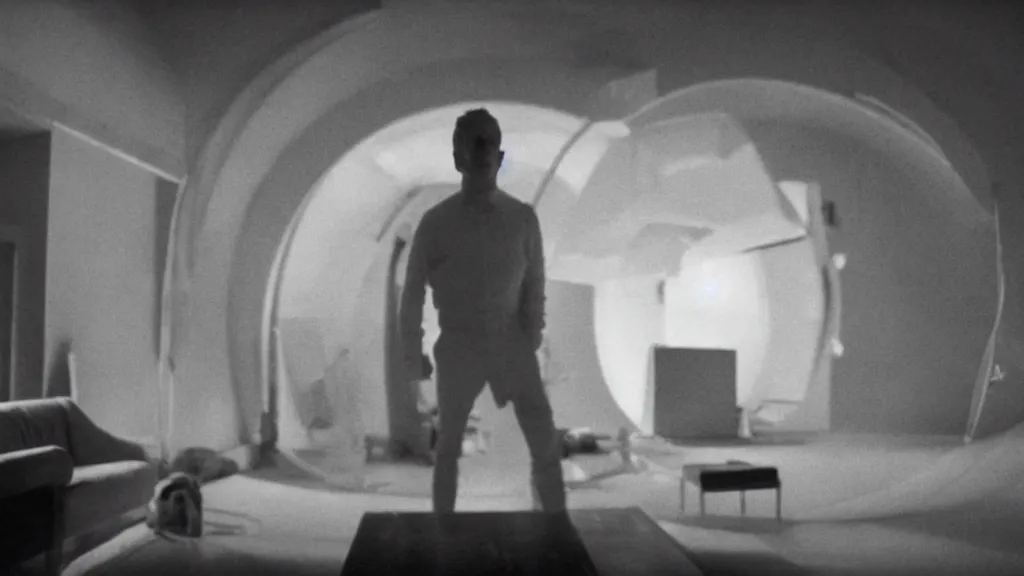 Image similar to an mri slice of james cavell in the living room, film still from the movie directed by denis villeneuve with art direction by salvador dali, wide lens