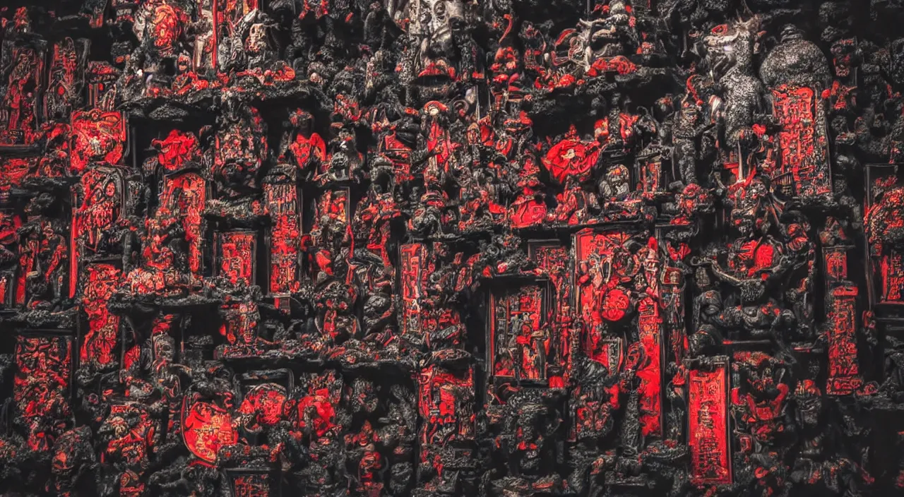 Prompt: Malevolent Shrine, Malevolent Shrine, Colorful Digital Photography, Surrounded by Black Water, Dark, Red Shrine, Traditional Shrine, Intricate Detail, ELS, ISO 100
