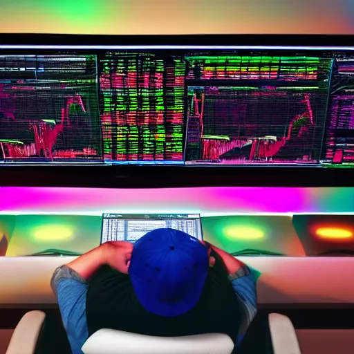 Prompt: a man sitting on his computer with a backwards hat staring at several computer monitors showing crypto trades, colourful, chill, anime asthetic, neon glow, gamer, playstation 2, digital illustration,