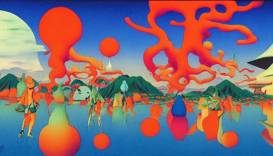 Image similar to Japan travel and tourism c2050, surrealist psychedelic painting in the style of Oxygene, Magritte, Roger Dean, Yoshio Awazu, vivid color