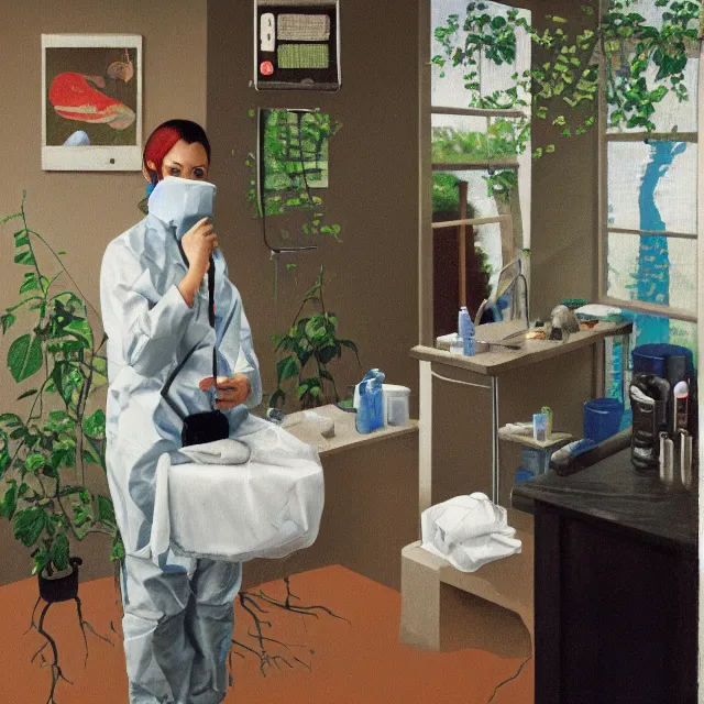 Prompt: flood waters, a tall pathology student wearing scrubs and ppe in her apartment, vines, a river flooding inside, medical supplies, medical mask, syringes, pathology sample test tubes, pigs, plants in a glass vase, water, river, rapids, waterfall, canoe, pomegranate, berries dripping, swans, acrylic on canvas, surrealist, by magritte and monet