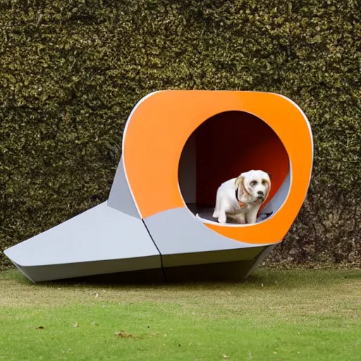 Image similar to a doghouse with the shape of a dog with grey and orange accents designed by antony gormley, advertising photography