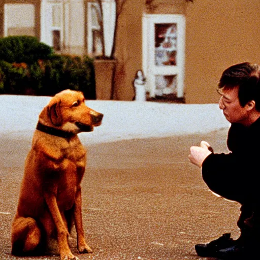 Prompt: film still from the 1995 movie 'My Dog Is A Psychopath'. The owner confront his crazy dog. Sigma 85mm f/8