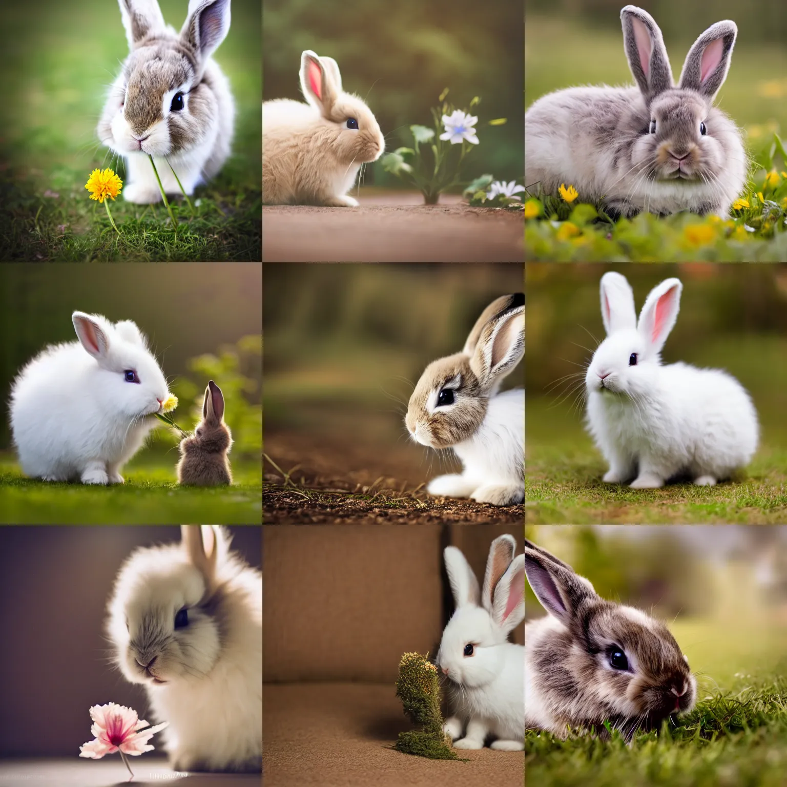 Prompt: cute, cuddly, fluffy little bunny sniffing a flower. soft warm lighting. professional photography.