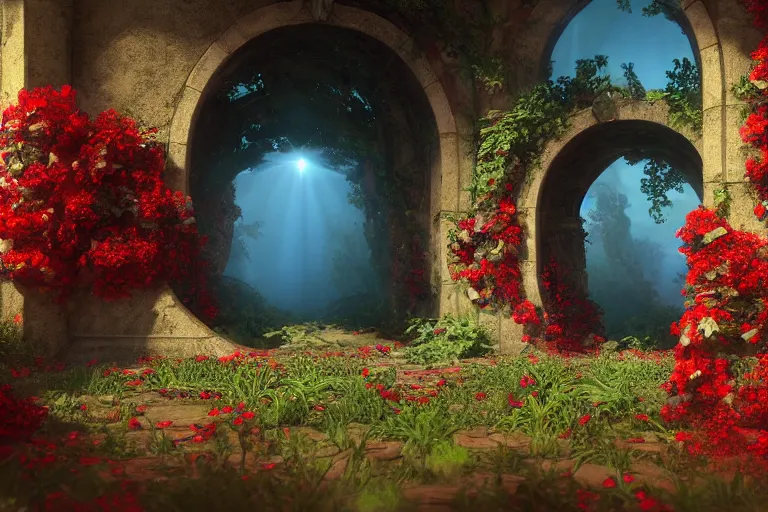 Prompt: broken arches leading to the pillars of eternity draped with red flowers and vines, blue sky, lens flare, a sense of mystery, cinematic, ultra detailed, intricate, sharp focus, trending on artstation, cartoon by Tex Avery, 8K