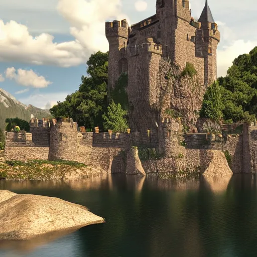 Image similar to a castle built on a tarn, mountain lake, highly detailed, 8k, Unreal Engine, render