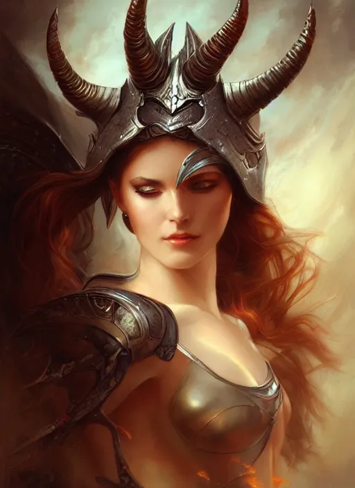 Image similar to a beautiful woman with horns and armor, painted by artgerm and tom bagshaw, fantasy art, dramatic lighting, highly detailed oil painting