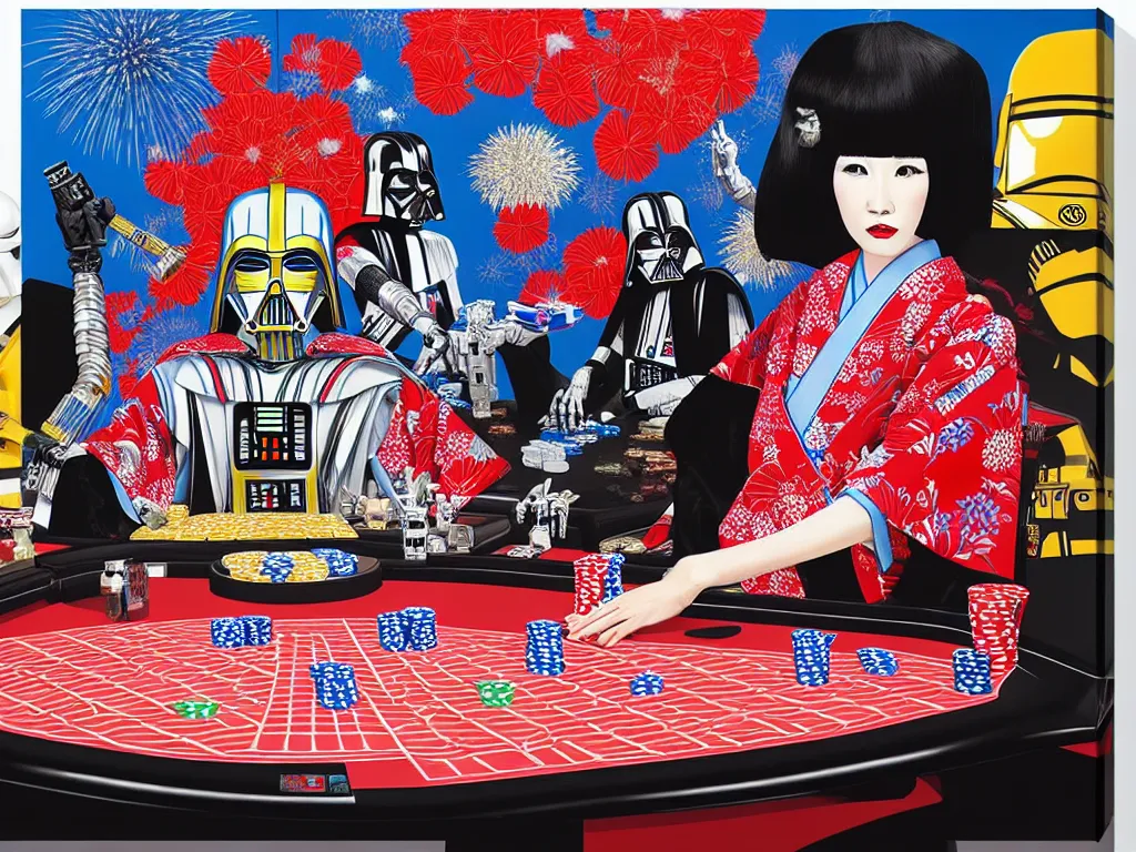 Image similar to hyperrealistic composition of the detailed woman in a japanese kimono with the ( ( c 3 p 0 ) ) robot head sitting at a extremely detailed poker table with darth vader, fireworks, mountain fuji on the background, pop - art style, jacky tsai style, andy warhol style, acrylic on canvas