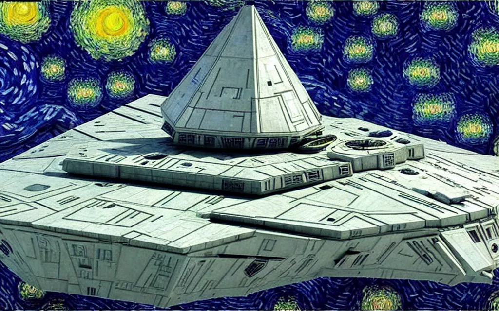 Prompt: star wars star destroyers in the sky of the starry night with by van gogh