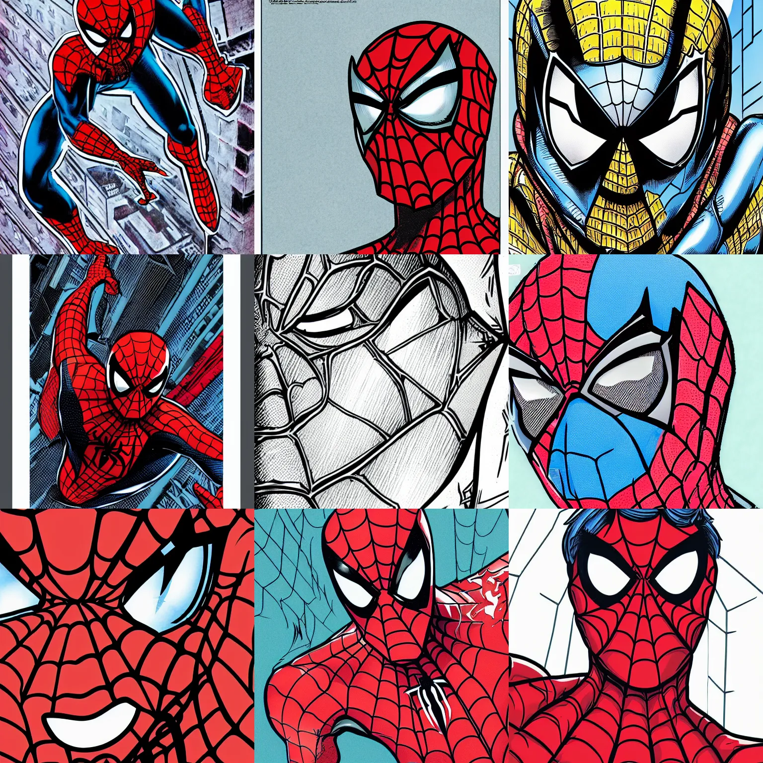 Prompt: close up headshot of spider-man in the style of mcfarlane , comic book color drawing by todd mcfarlane