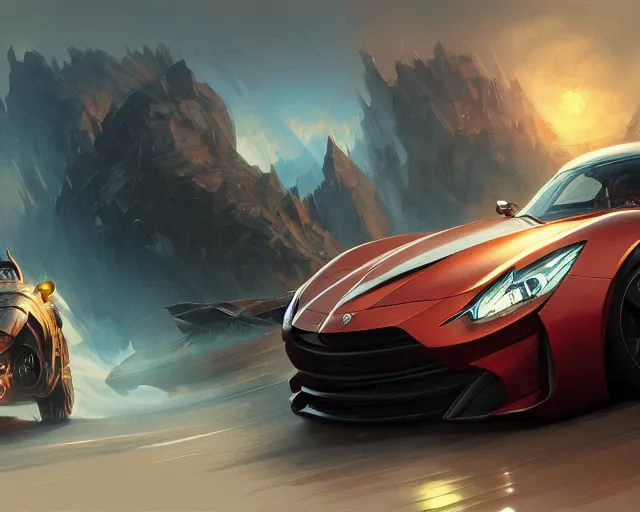 Prompt: sports car action shot, deep focus, d & d, fantasy, intricate, elegant, highly detailed, digital painting, artstation, concept art, matte, sharp focus, illustration, hearthstone, art by artgerm and greg rutkowski and alphonse mucha