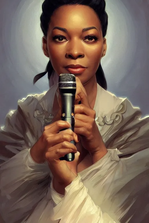 Prompt: beautiful cottagecore audreh winfrey holding a microphone. intricate, elegant. highly detailed, digital painting, artstation, concept art, smooth, sharp, focus, illustration. . art by artgerm and greg rutkowski and alphonse mucha