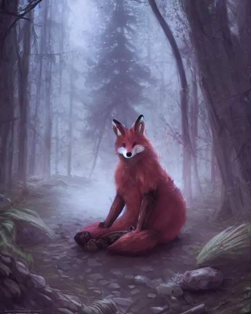 Prompt: Kitsune Fox Sorcerer meditating in the woods, magic the gathering artwork, D&D, fantasy, cinematic lighting, centered, symmetrical, highly detailed, digital painting, artstation, concept art, smooth, sharp focus, illustration, volumetric lighting, epic Composition, 8k, art by Akihiko Yoshida and Greg Rutkowski and Craig Mullins, heroic pose, oil painting, cgsociety, Tree Woodland atmosphere