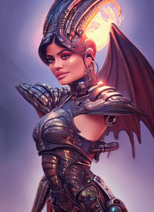 Prompt: kylie jenner as a dragon - cyborg, deep focus, fantasy, intricate, elegant, highly detailed, digital painting, artstation, concept art, matte, sharp focus, illustration, hearthstone, art by artgerm and greg rutkowski and alphonse mucha