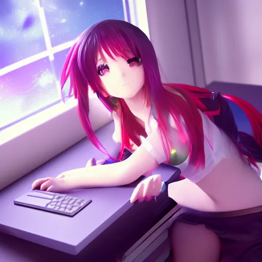 Image similar to advanced 3 d render digital anime art!!, gamer girl in bedroom