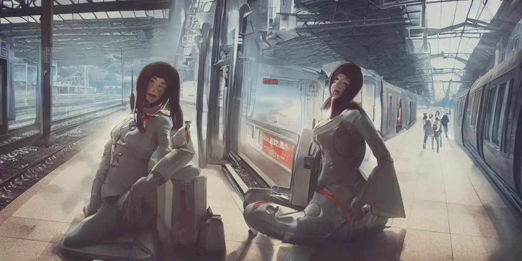 Image similar to photo of geisha cyborg is waiting in train station, 1970's, leica, lomo, soft light, morning light, photorealistic, details, octane render, cryengine, 8k, cinematic shot