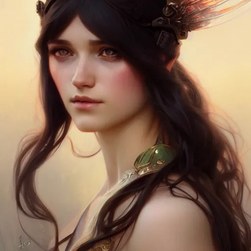 Prompt: a beautiful princess, long dark hair and bangs, fantasy, intricate, elegant, highly detailed, digital painting, artstation, concept art, matte, sharp focus, illustration, art by Artgerm and Greg Rutkowski and Alphonse Mucha