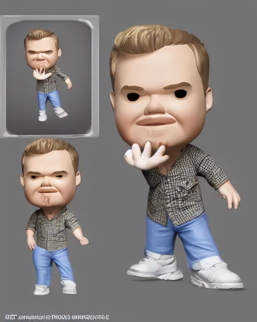 Image similar to full body 3d render of James Corden as a funko pop, studio lighting, white background, blender, trending on artstation, 8k, highly detailed , intricate details