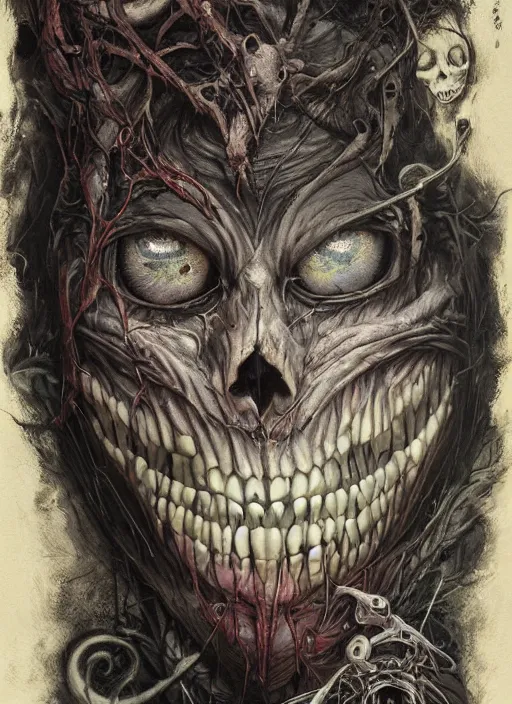 Image similar to Cheshire Cat choping wood,Death Tarot card,highly detailed,half skull face,cinematic,8k,by Stanley Artgermm,Tom Bagshaw,Greg Rutkowski,Carne Griffiths, Ayami Kojima, Beksinski, Giger,trending on DeviantArt,hyper detailed,horror, full of colour