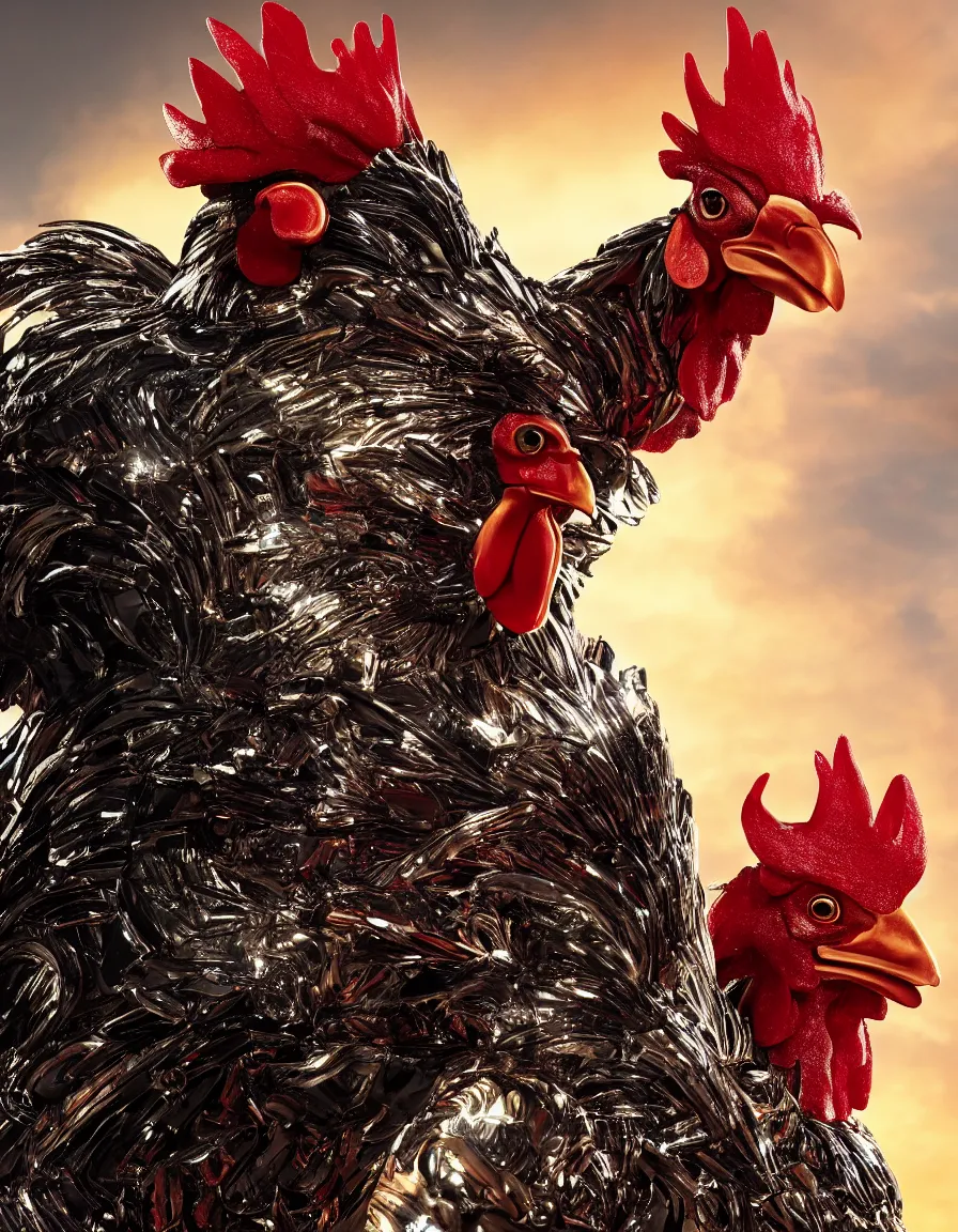 Prompt: rooster with shiny armor, hyper-realistic, 4k, movie poster, fantasy