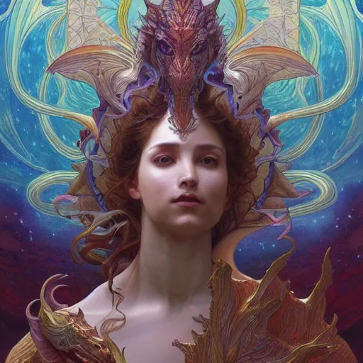 Image similar to astral dragon, cinematic lighting, intricate, elegant, highly detailed, digital painting, artstation, sharp focus, illustration, psychedelic colors, art by artgerm and greg rutkowski and alphonse mucha and Wayne Barlowe and william-adolphe bouguereau