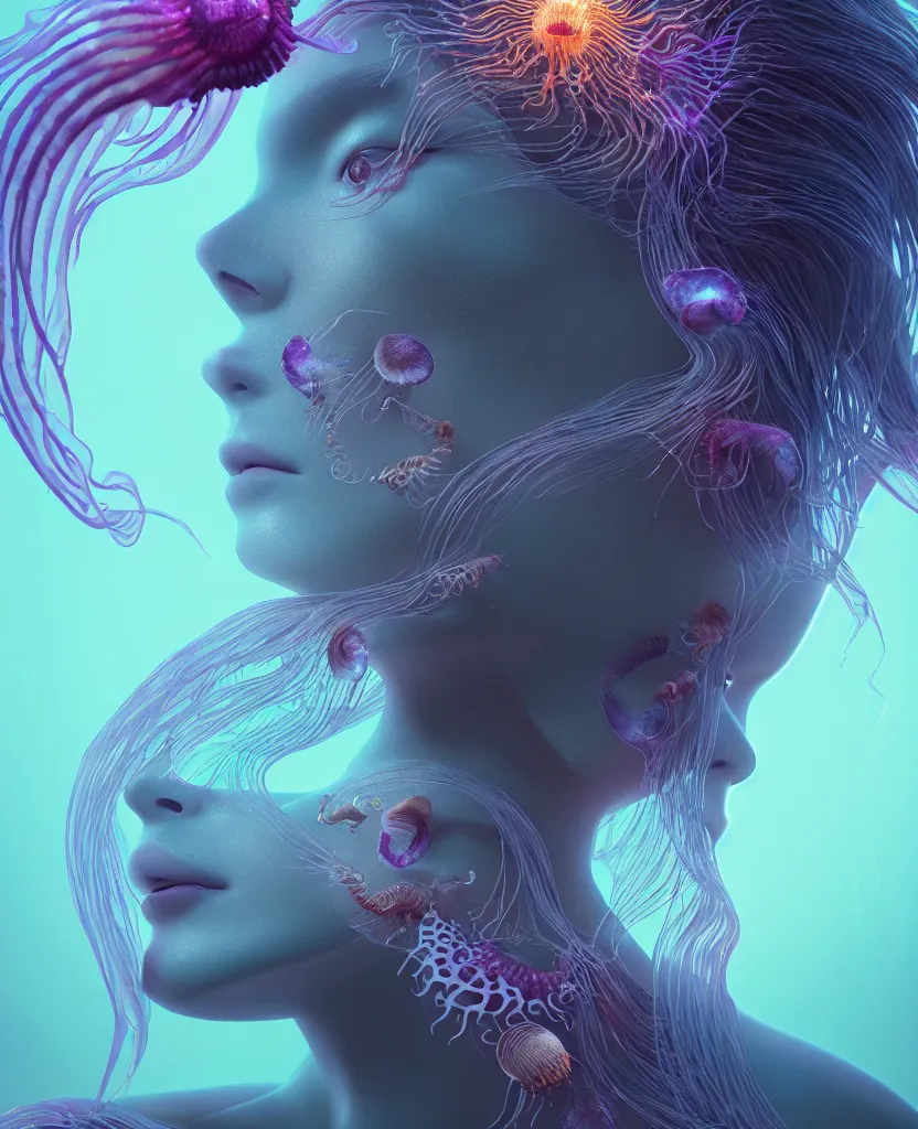 Image similar to goddess close-up portrait. orchid jellyfish phoenix head, nautilus, skull, betta fish, bioluminiscent creatures, intricate artwork by Tooth Wu and wlop and beeple. octane render, trending on artstation, greg rutkowski very coherent symmetrical artwork. cinematic, hyper realism, high detail, octane render, 8k