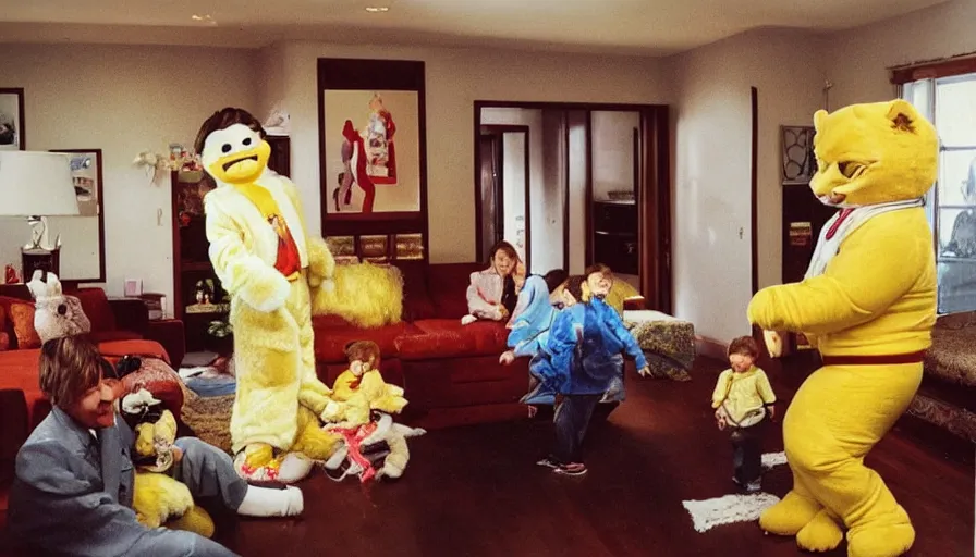 Image similar to 1990s candid 35mm photo of a beautiful day in the family living room, cinematic lighting, cinematic look, golden hour, a very large, oversized Japanese magical costumed luxury toy salesman mascot is teleporting out of the TV and aggressively selling the family and kids luxury toys by force, the costumed salesman is a very large giant, he has fancy decorations on his costume, there is a big luxury toy in the living room with the family, UHD