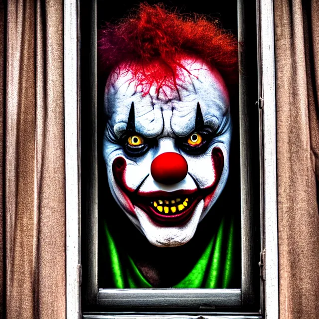 Image similar to scary clown looking through your window, highly detailed, 8 k, hdr, smooth, sharp focus, high resolution, award - winning photo